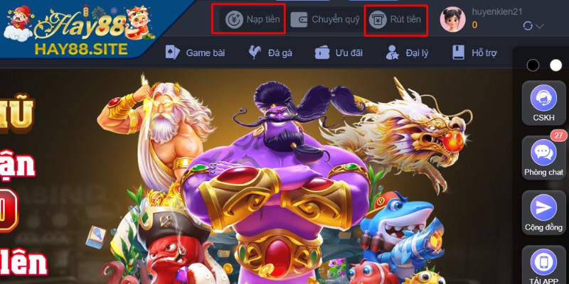 Nạp Rút Tiền hay88 1 Màn hình hiển thị lựa chọn rõ ràng giúp thao tác thuận tiện